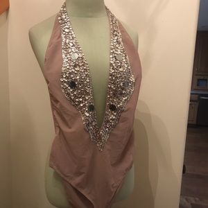 sequined nude halter top